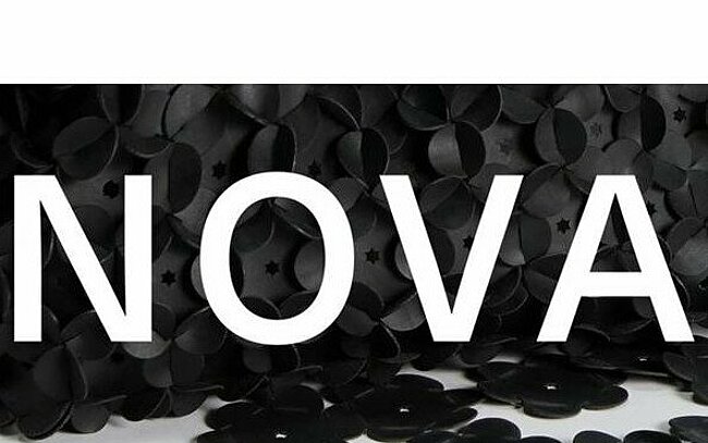 Weißer Nova Schriftzug vor schwarzen Blumen