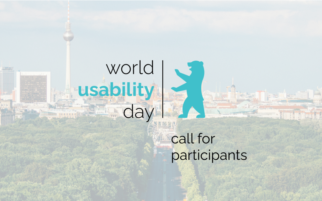 Flyer World Usability Day: Blauer Bär vor Berliner Skyline.