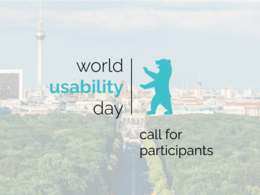 [Translate to English:] Flyer World Usability Day: Blauer Bär vor Berliner Skyline.