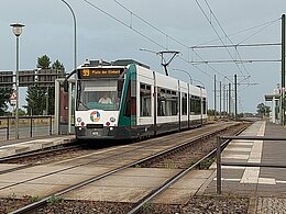 Eine Tram der Verkehrsbetriebe Potsdam steht an einer Haltestelle. Foto © Berlin Partner - hbn