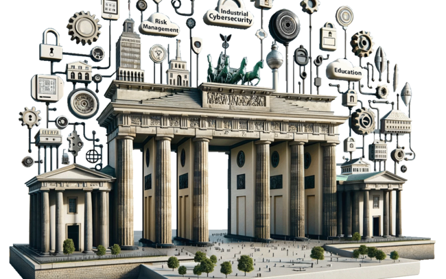 Modellbild vom Brandenburger Tor mit für Cybersecurity relevante Schriftzüge wie Risk Management und Industrial Cybersecurity