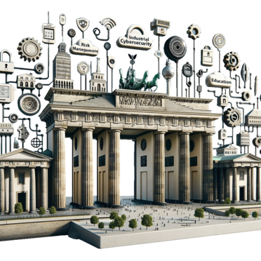 Modellbild vom Brandenburger Tor mit für Cybersecurity relevante Schriftzüge wie Risk Management und Industrial Cybersecurity