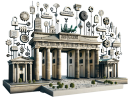 Modellbild vom Brandenburger Tor mit für Cybersecurity relevante Schriftzüge wie Risk Management und Industrial Cybersecurity