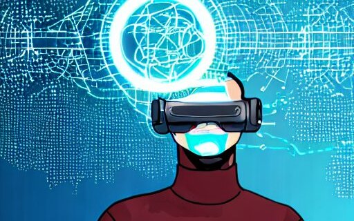 Darstellung von Quantentechnologie mit einer Person, die eine VR-Brille auf hat.