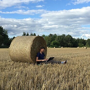 Person sitzt mit seinem Laptop an einem Strohballen