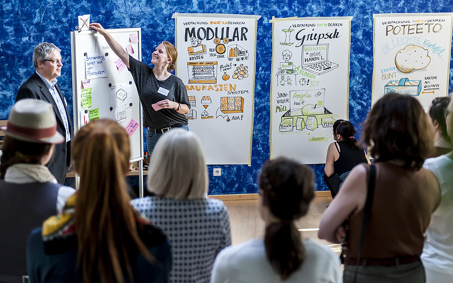Foto: Workshop Kreativwirtschaft - Personen stehen vor einer Leinwand mit Flipcharts. © WFBB