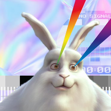 Weißer Hase vor pinkem Farbverlauf der bunte Laserstrahlen aus den Augen schießt 