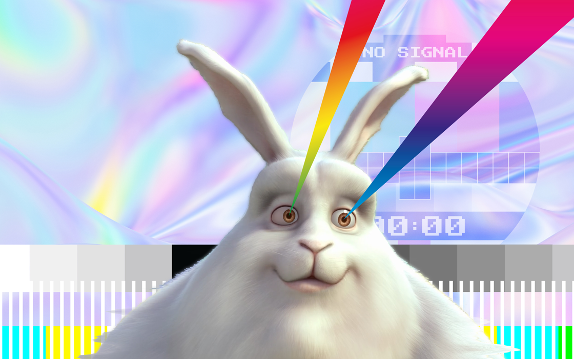 Weißer Hase vor pinkem Farbverlauf der bunte Laserstrahlen aus den Augen schießt 