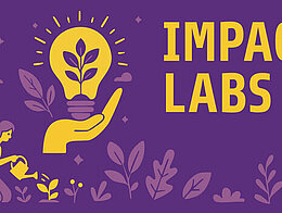 Gelber Schriftzug Impact Labs auf violettem Hintergrund