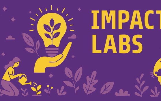 Gelber Schriftzug Impact Labs auf violettem Hintergrund