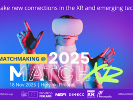 Header of the Match XR 2025 event that shows a women with VR headset