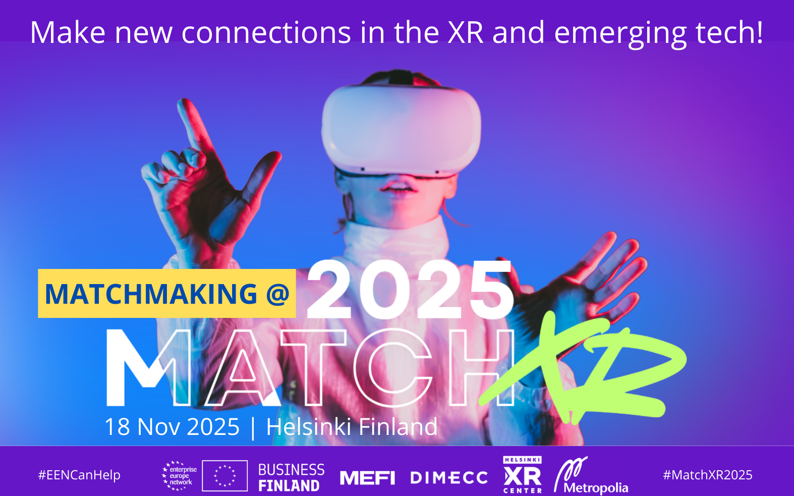 Header of the Match XR 2025 event that shows a women with VR headset